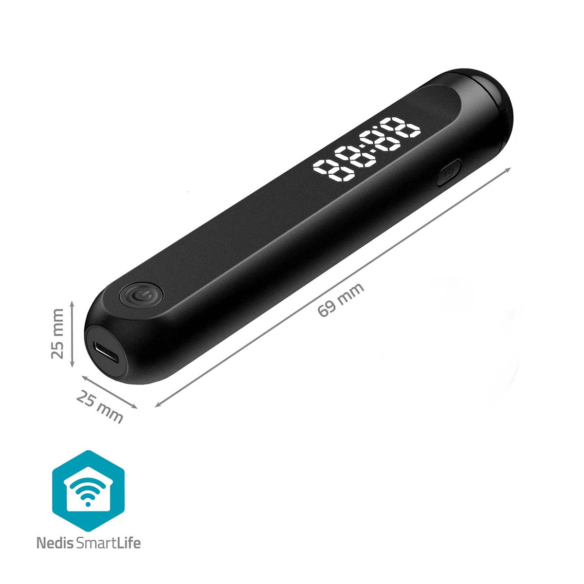 Black, rectangular, digital device with a display and button, with dimensions.