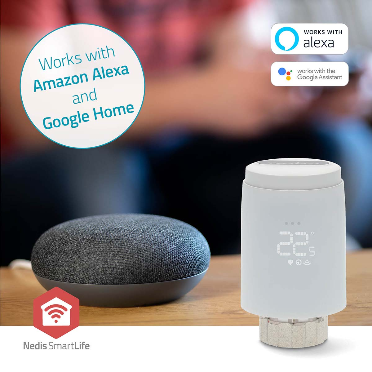 Smart home device, a white smart thermostat with a grey speaker. Text states it works with Alexa and Google.