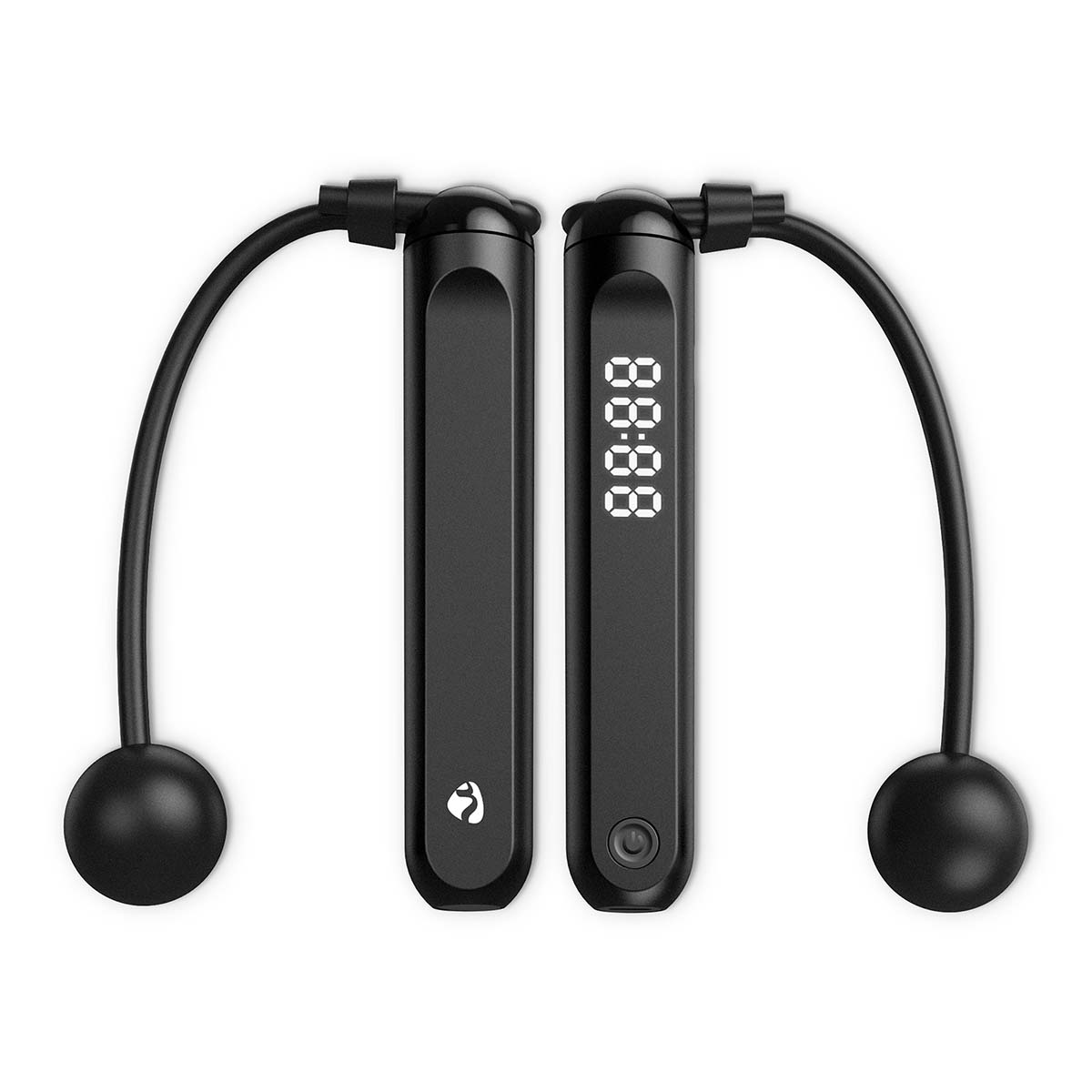 Two black jump ropes with digital displays and handles, on a white background.