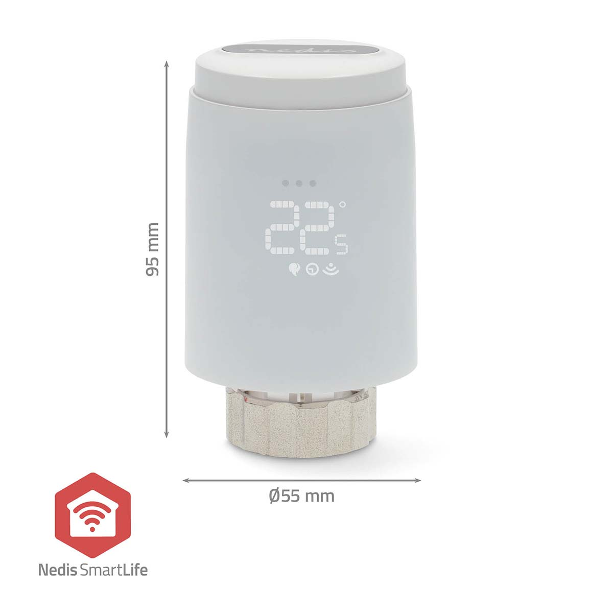 White smart thermostat with a digital display showing the temperature. White background.