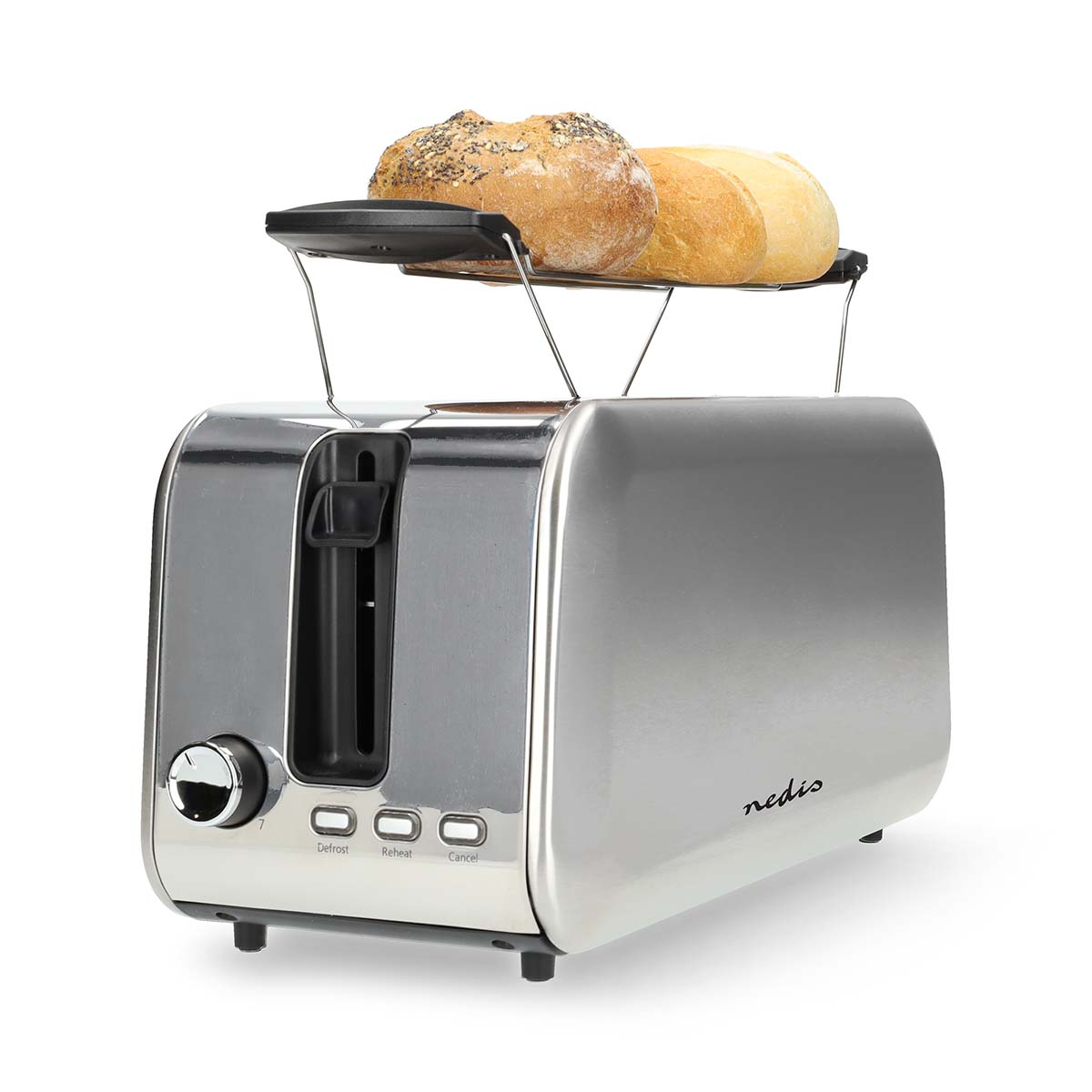 A silver toaster with two slices of bread on top. It has three buttons for different settings.