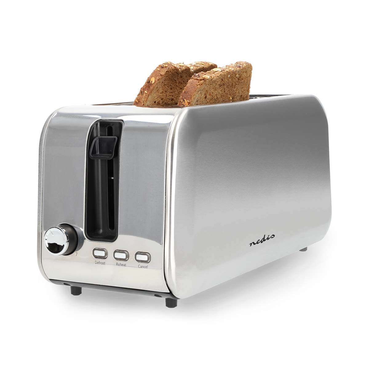 A stainless steel toaster with two slices of toasted bread, with controls labeled 'Defrost, Reheat, Cancel'.