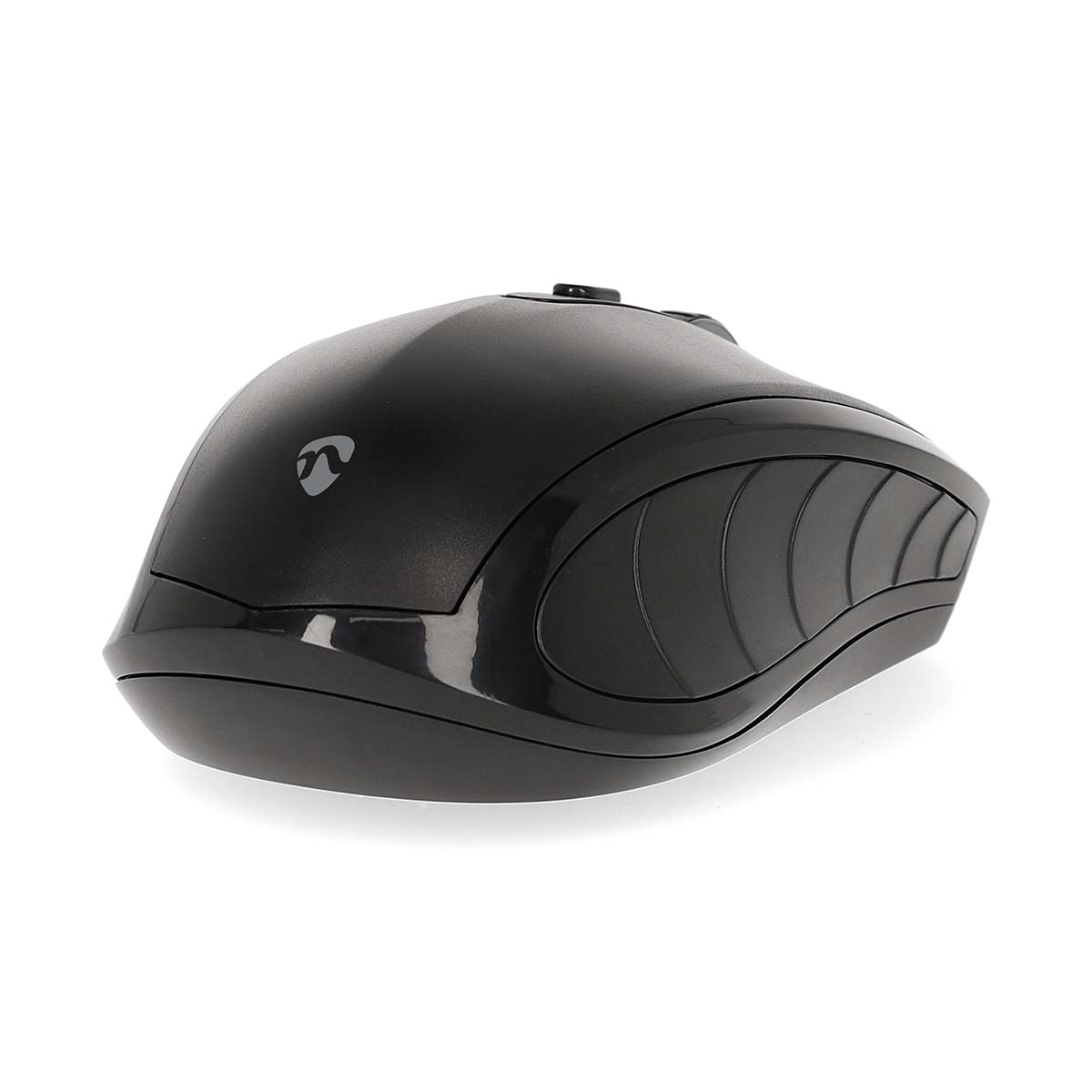 A black wireless mouse with a sleek design, angled slightly to the left on a white surface.