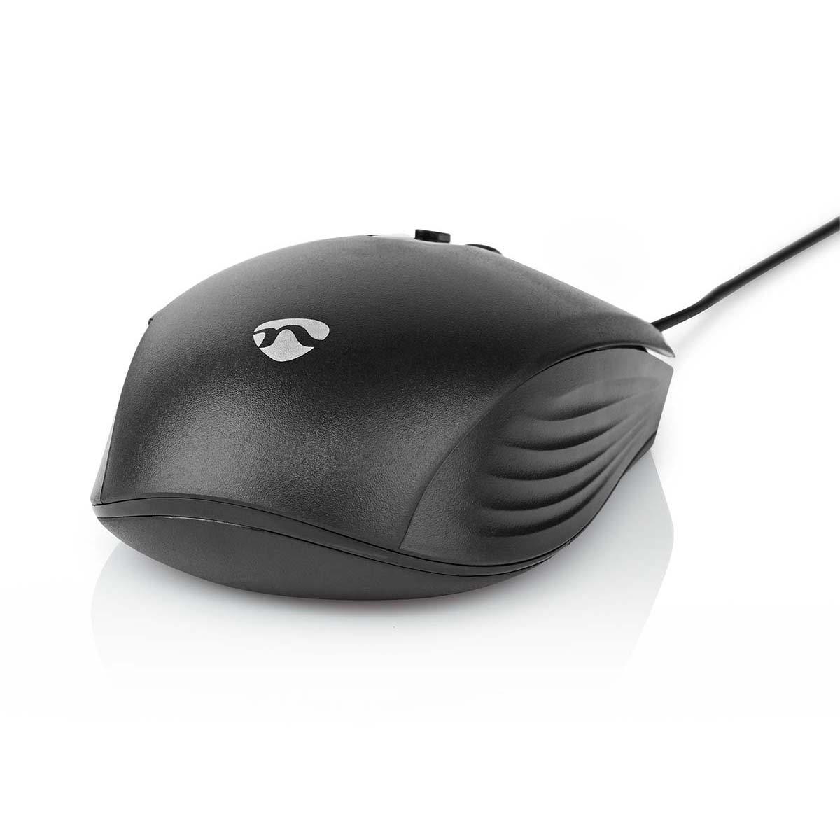 A black, wired mouse with the Nedis logo. The wire is on the right side.