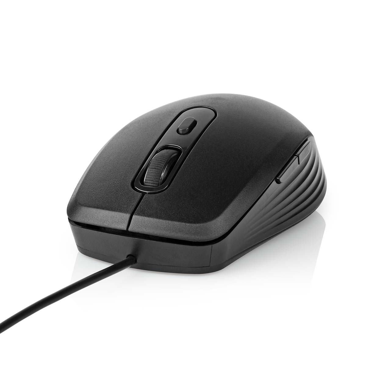 Black computer mouse with a scroll wheel and side buttons, on a white surface.