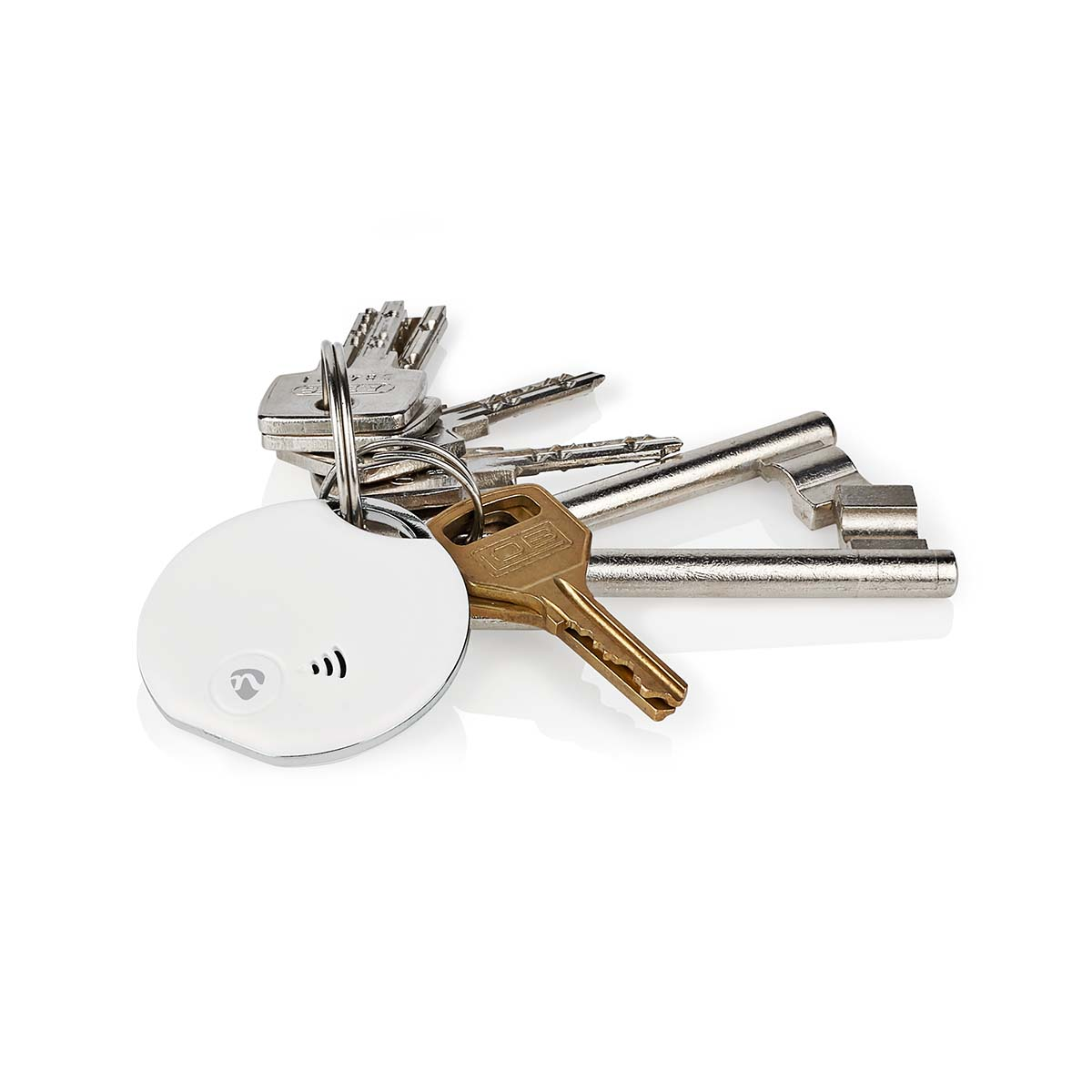 A key ring with keys and a white circular tag with a symbol for wireless communication.