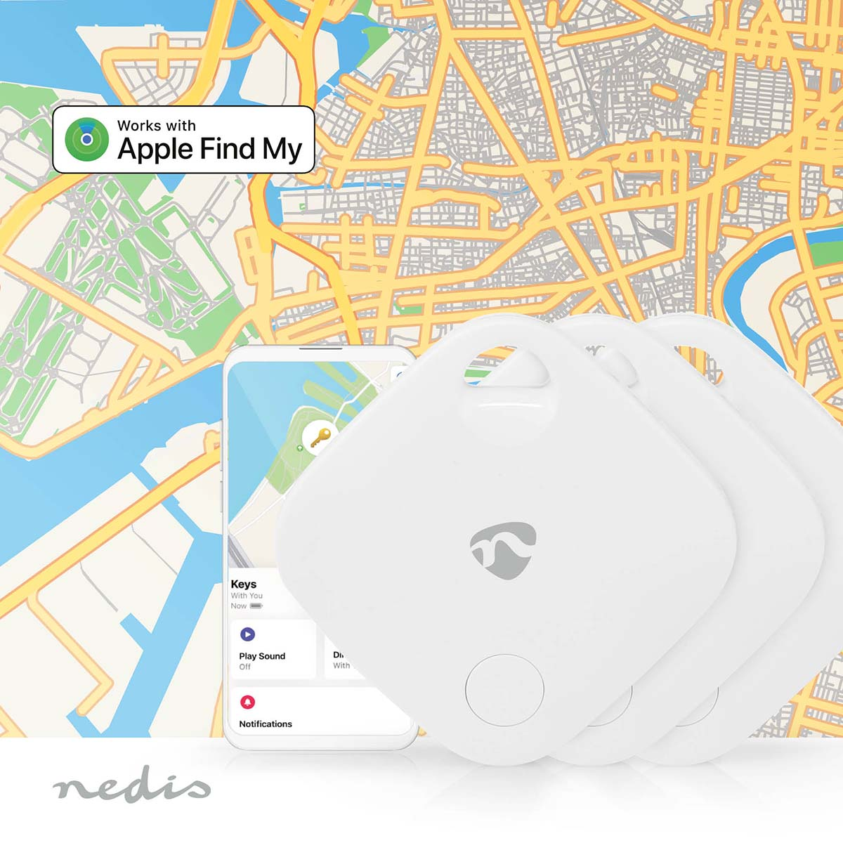 White key finders with a map background and a phone displaying keys.