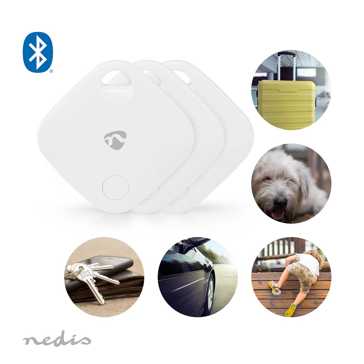 White square Bluetooth trackers with a dog, suitcase, keys, car, and child climbing steps in the background.