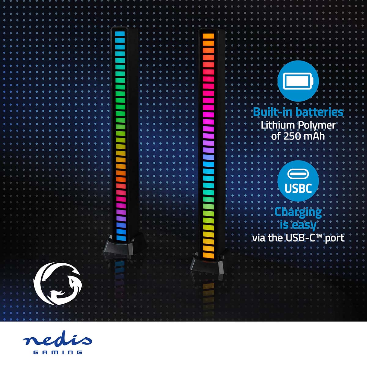 Two colorful sound level indicators with USB-C charging. Text says built-in batteries with 250 mAh and USB-C charging.