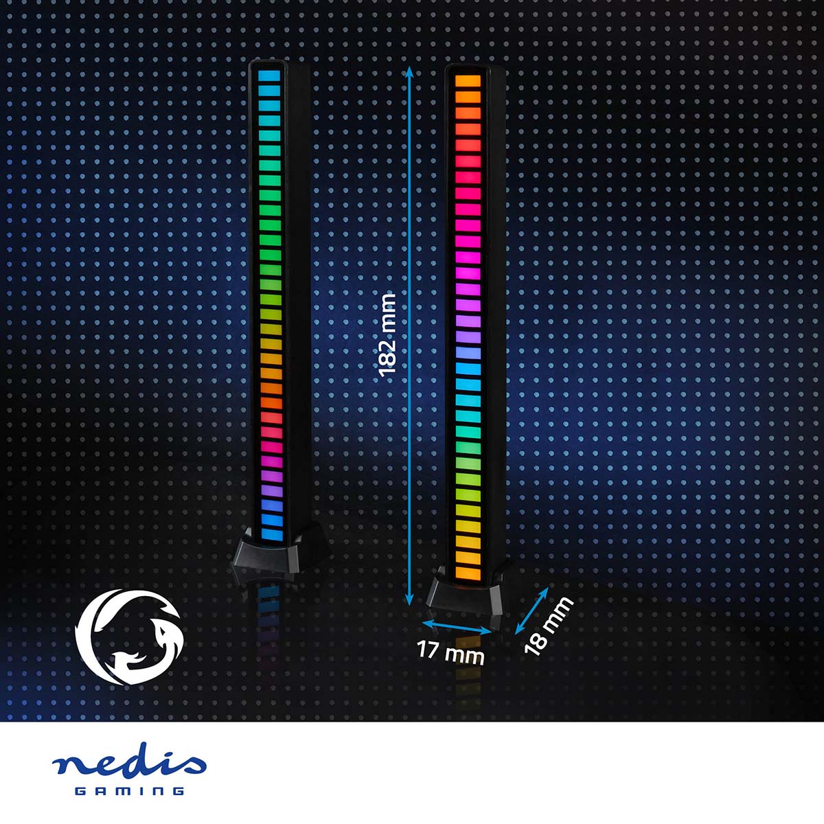 Two vertical light bars with color gradients on a dotted background, measuring 182mm and 17mm.