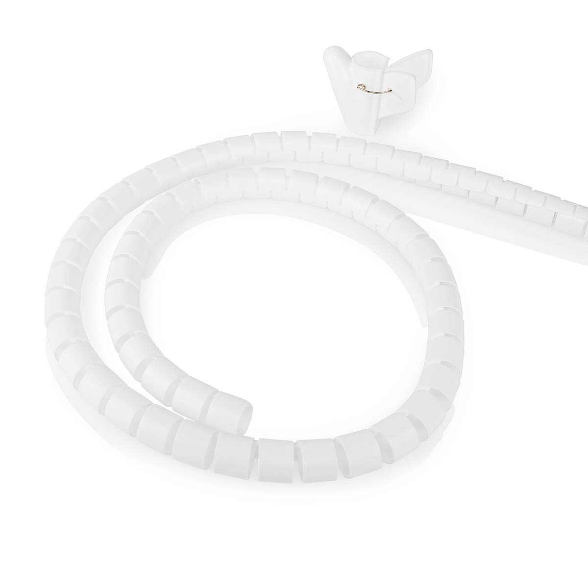 White cable organizer with a clip, and a white spiral wrap on a white background.
