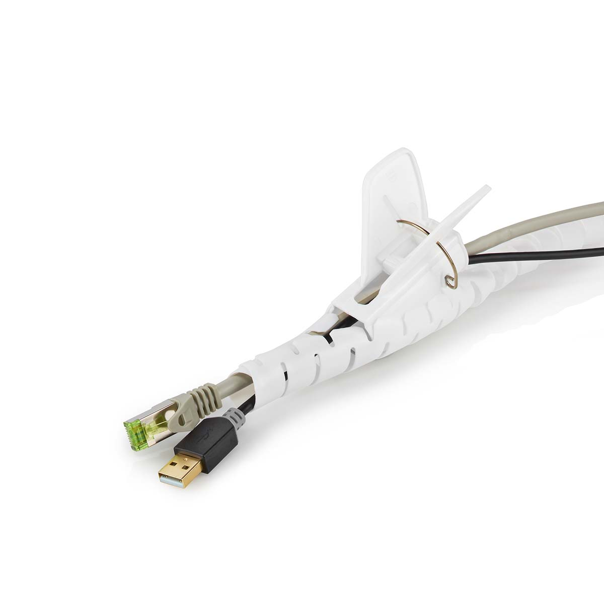 White cable organizer with cables and connectors on white background. A USB and an Ethernet cable are visible.
