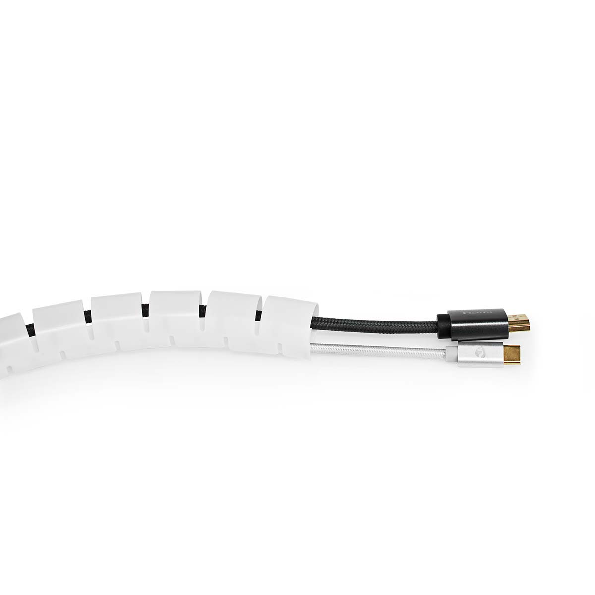 White cable organizer with cables, white background.