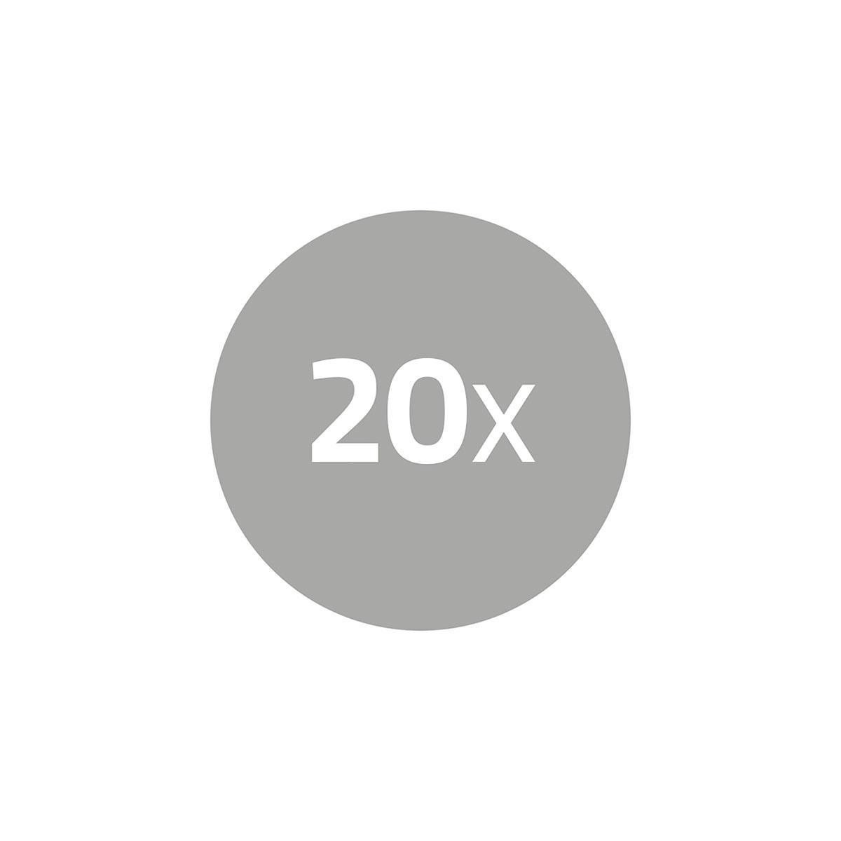 Grijze cirkel met het nummer 20x, witte achtergrond.