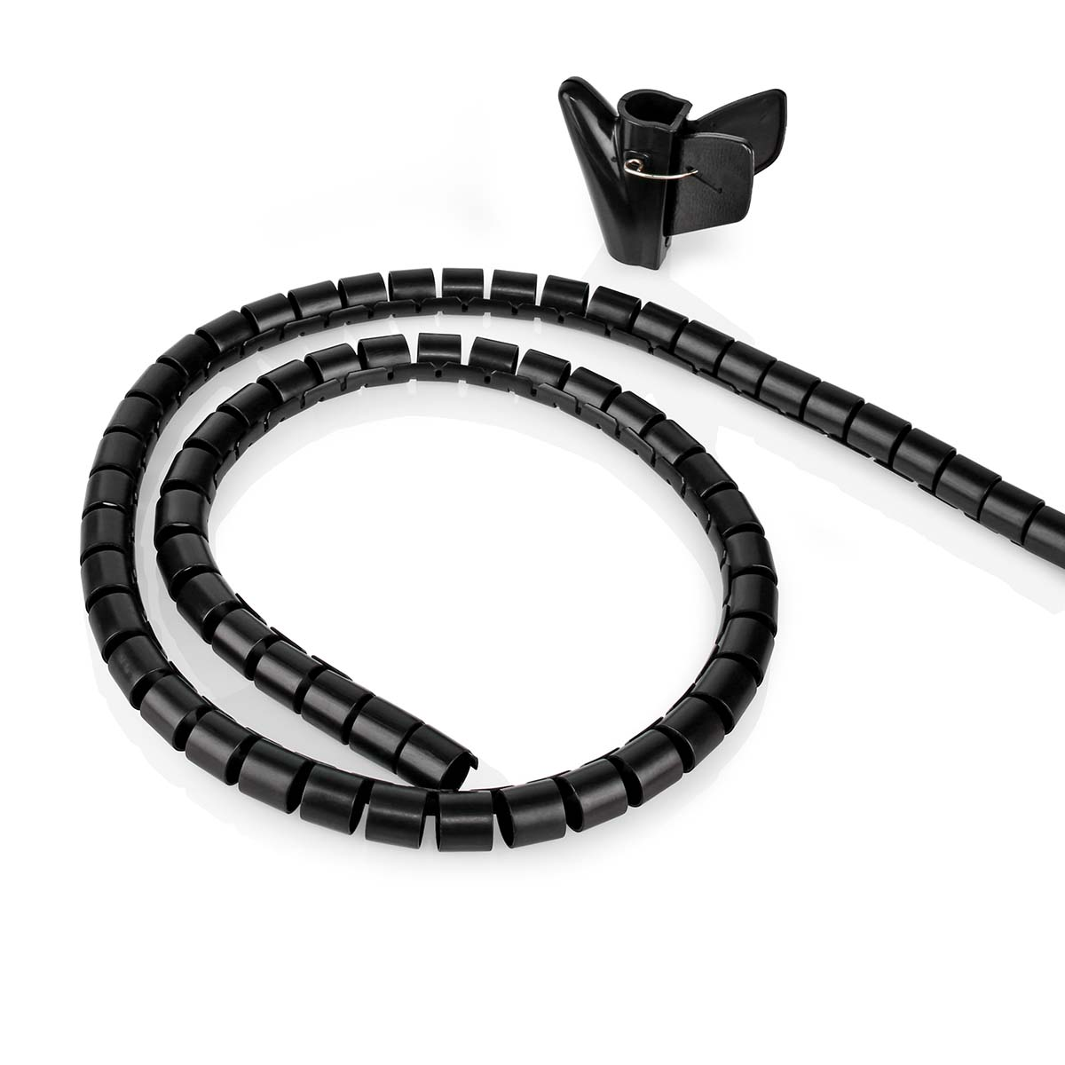 A black cable organizer in a spiral shape. On a white background, with a detached clip.