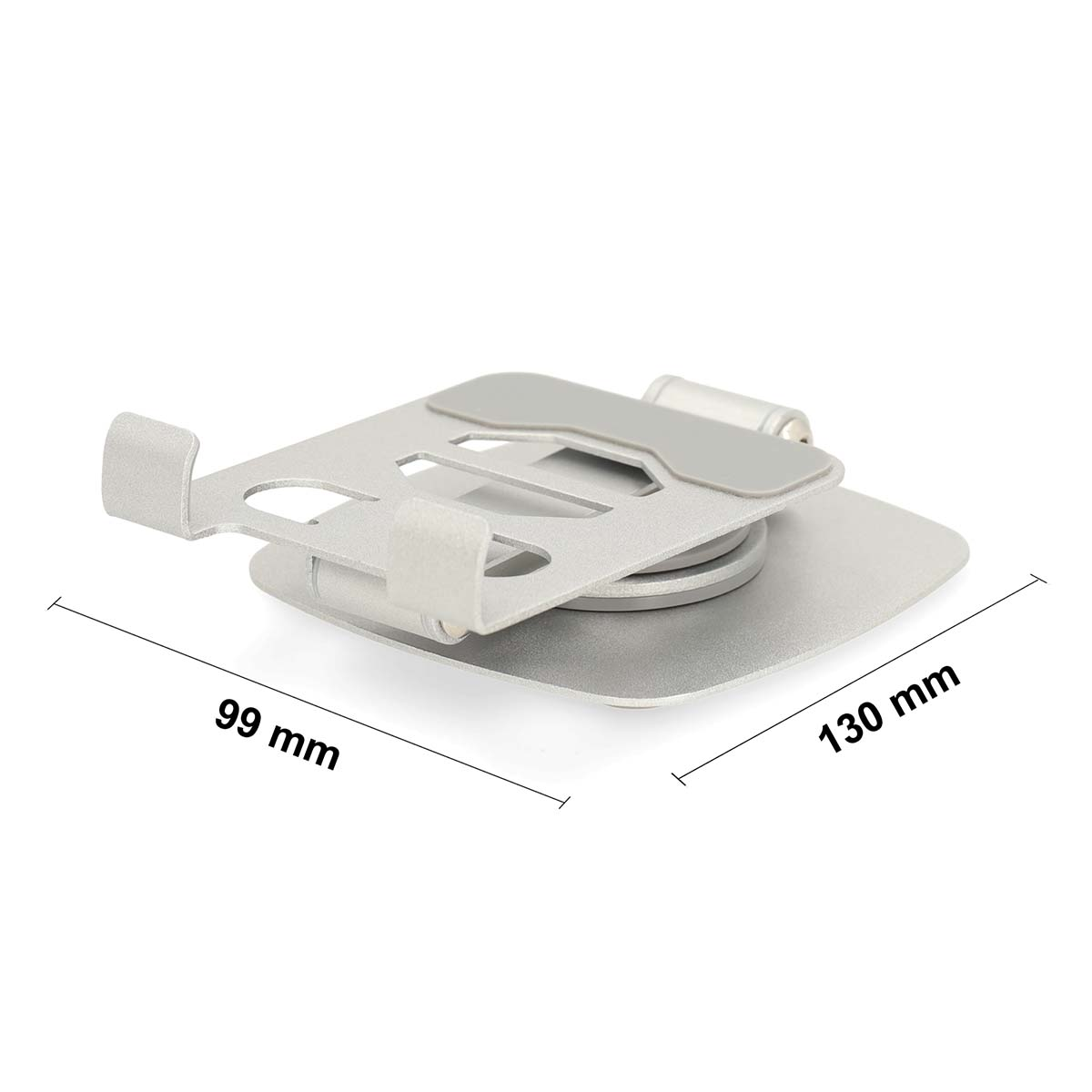 Silver phone holder, adjustable, side view. Dimensions: 130x99mm. White background.