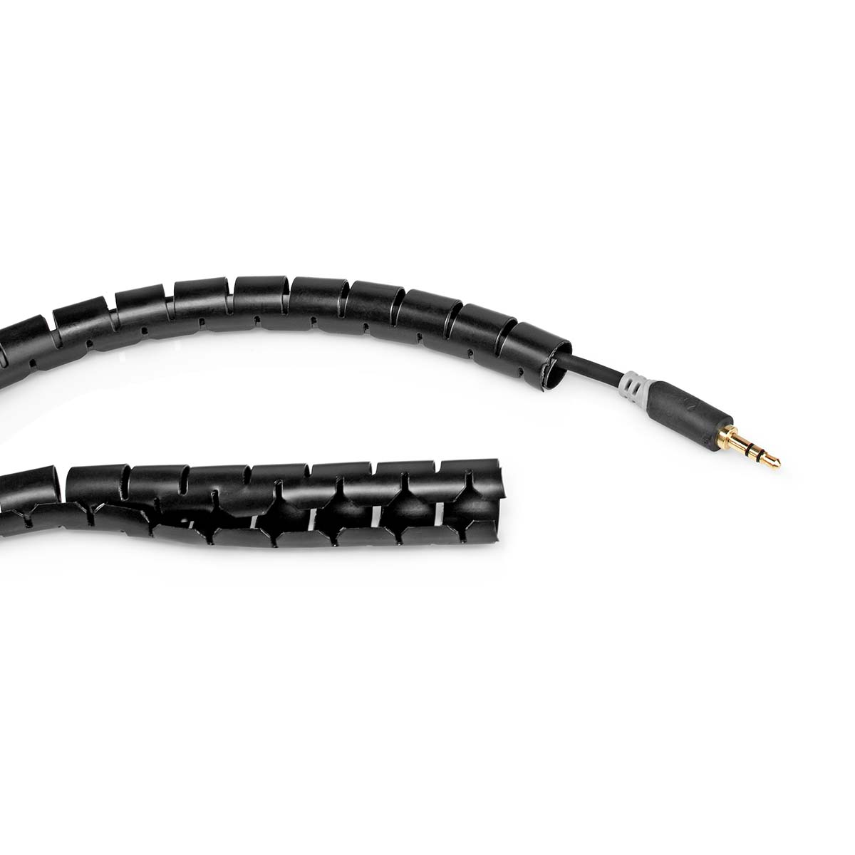 Black cable with a 3.5mm jack and a black spiral wrap on a white background.