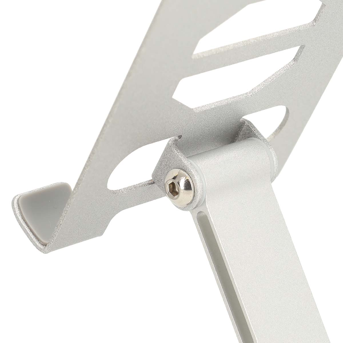 Silver tablet stand with a hinge and a slot to hold a tablet.