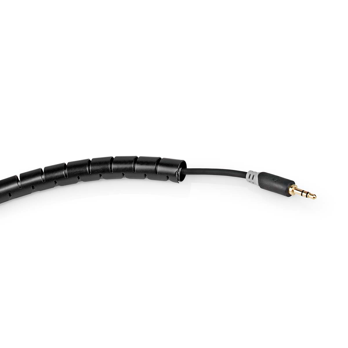Black cable organizer with a connector, and a black 3.5mm jack.