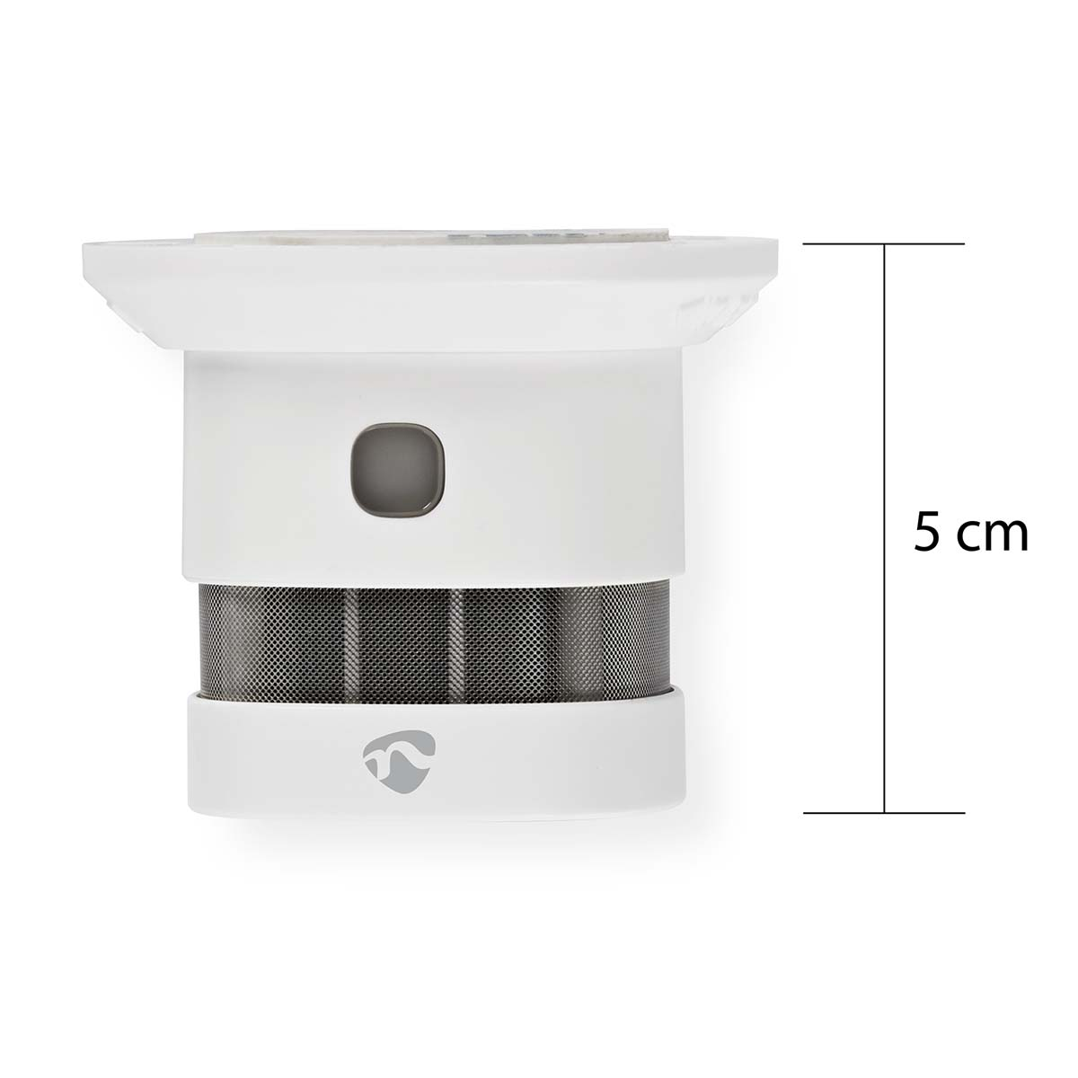Detector de humo blanco con botón gris y escala de 5 cm, sobre fondo blanco.