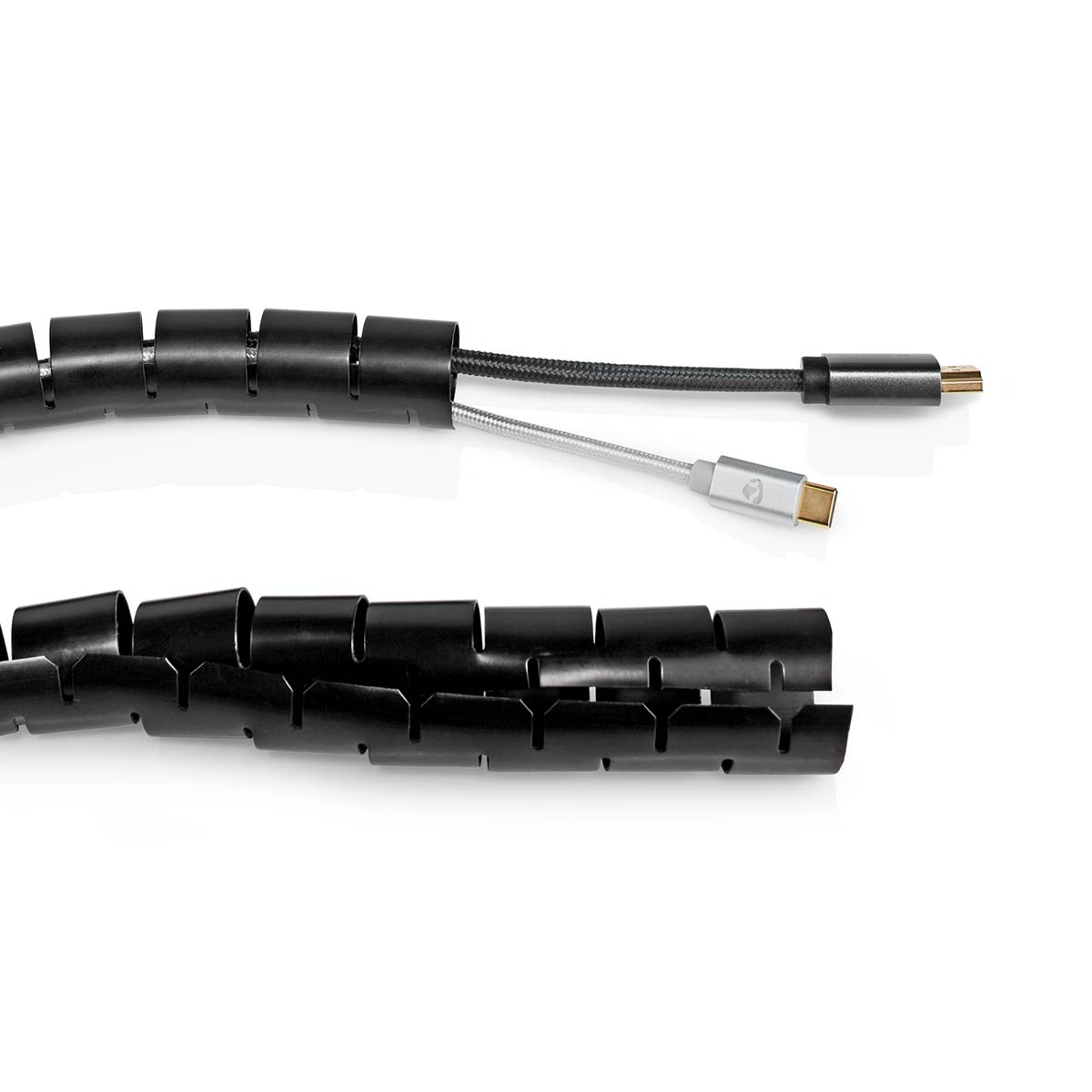 Two black cable organizers with USB-C cables inside. One cable is black.