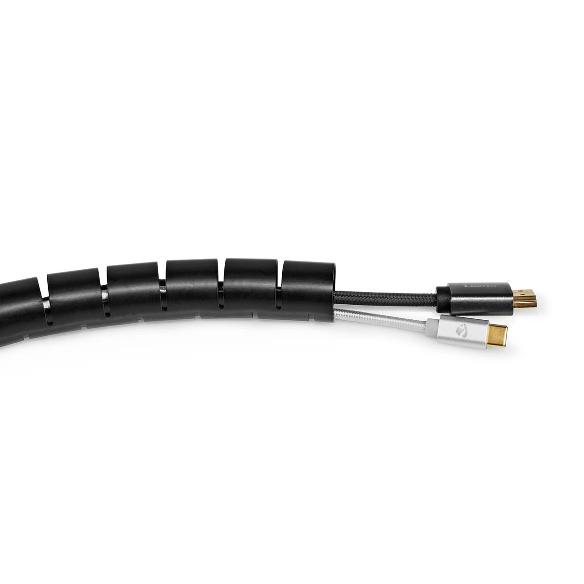 Black cable organizer with two cables and connectors on white background. One cable has a silver connector.