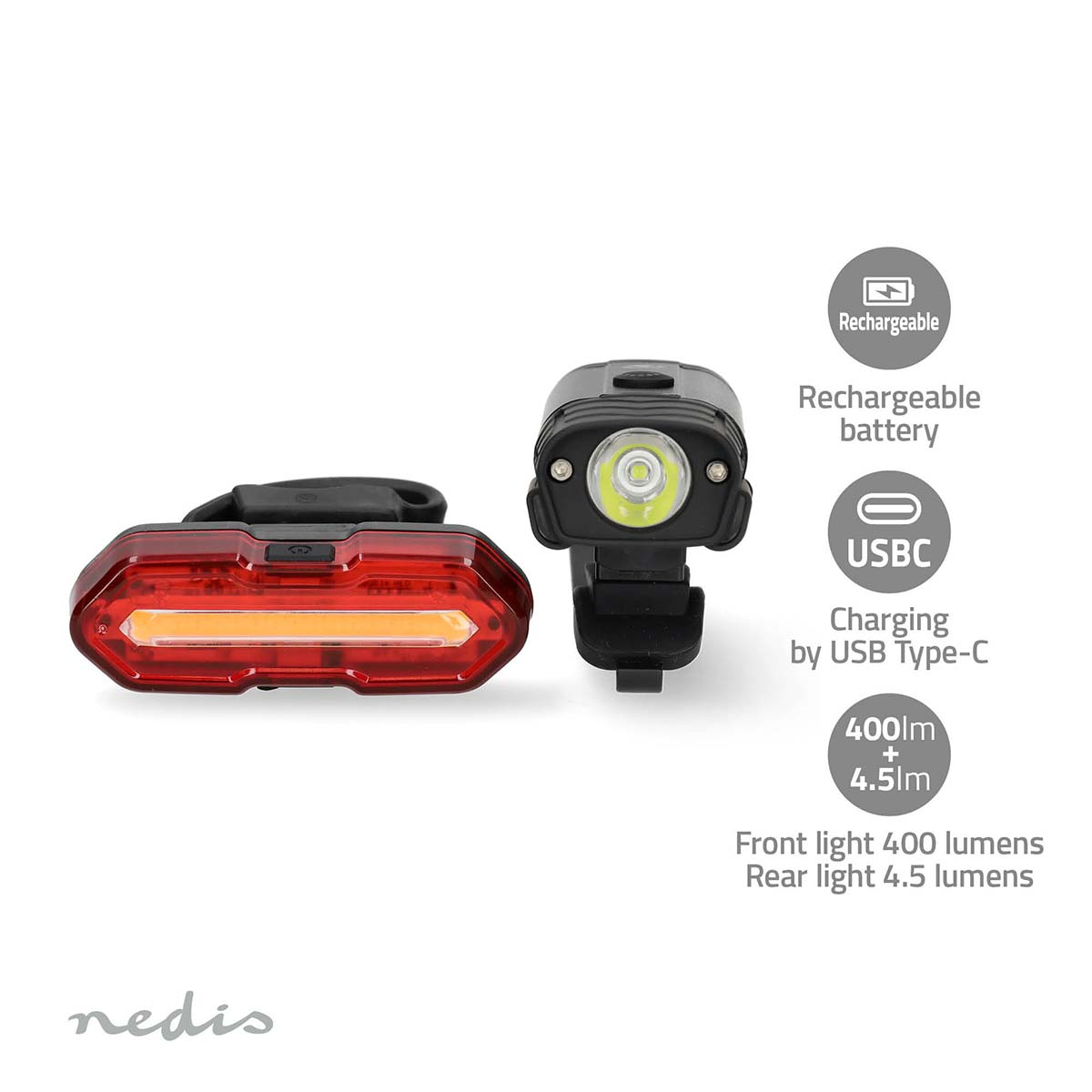 Fahrradlichter: Rotes Rücklicht und schwarzes Frontlicht. Merkmale: Akku, USB-Aufladung.