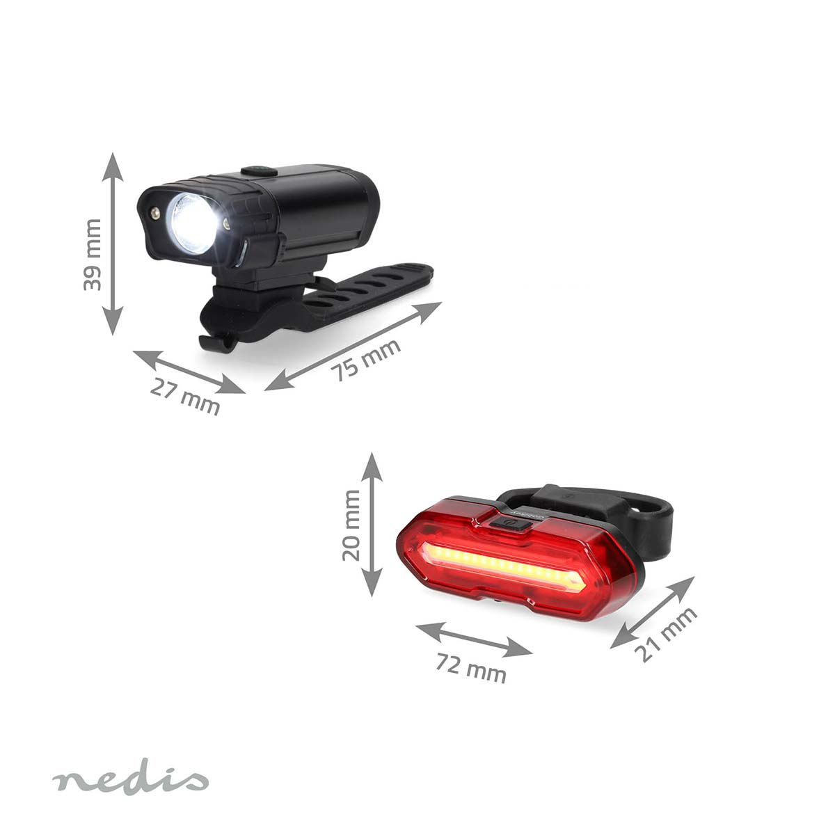 Schwarze und rote Fahrradlichter, vorne und hinten, mit angegebenen Abmessungen.