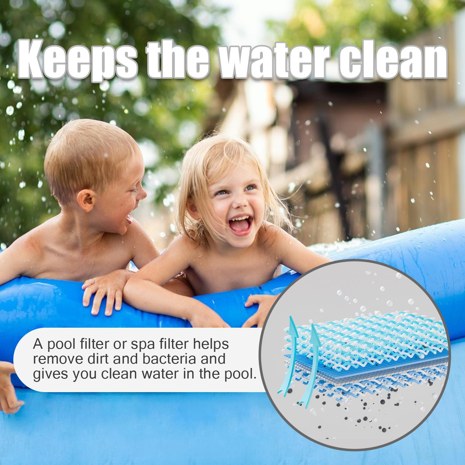 Dwoje dzieci w basenie. Tekst mówi, utrzymuje wodę w czystości. Dołączony jest wykres filtra.