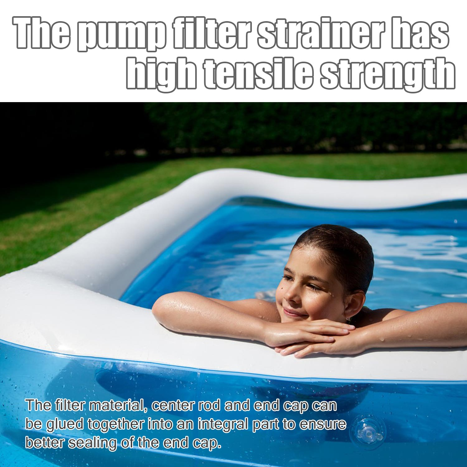 Dziewczyna opiera się o krawędź niebieskiego basenu. Tekst na górze mówi: 'Filtr pompy ma wysoką wytrzymałość na rozciąganie'.