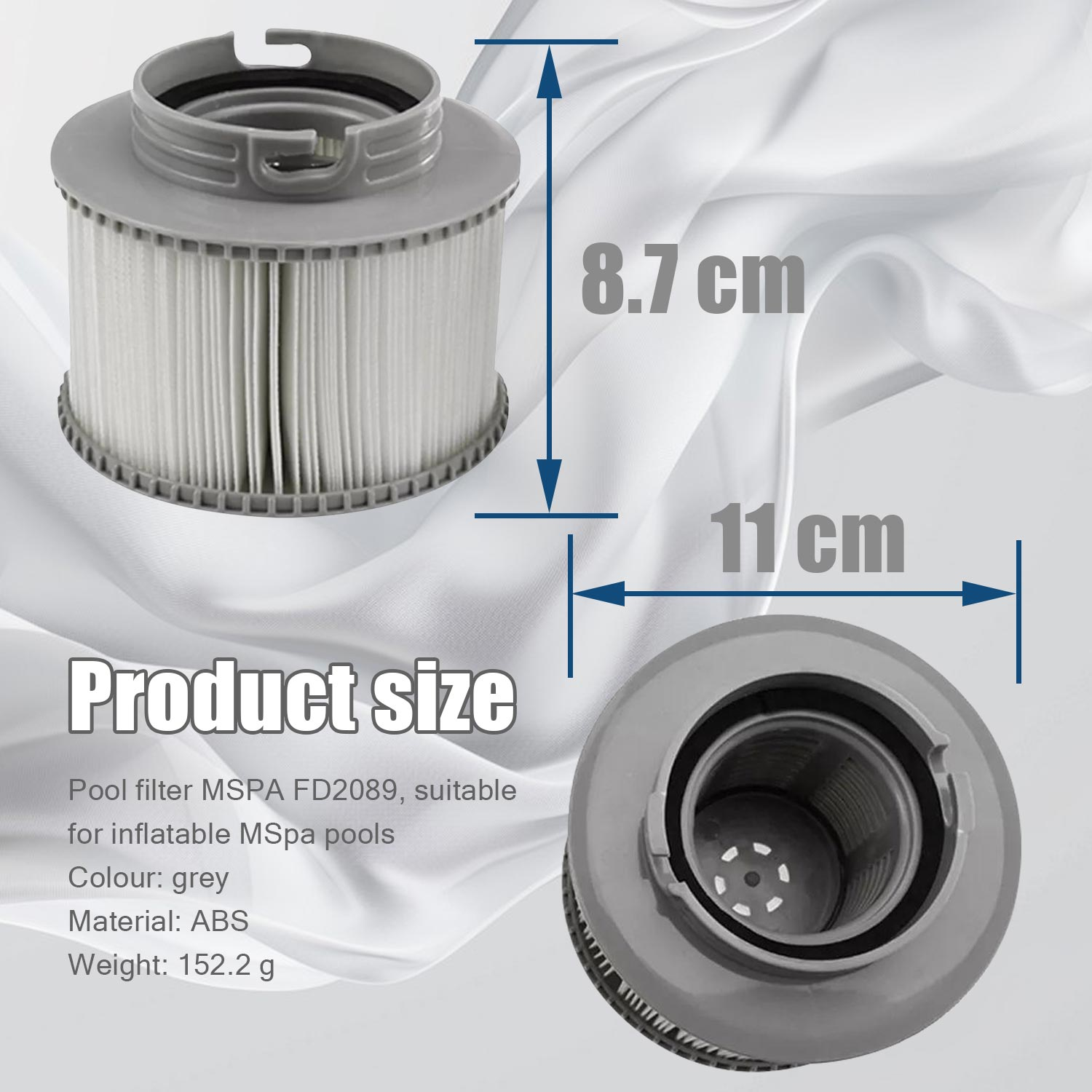 Filtr do basenu z podanymi wymiarami: 8,7 cm wysokości, 11 cm szerokości. Szary ze szczegółami produktu.