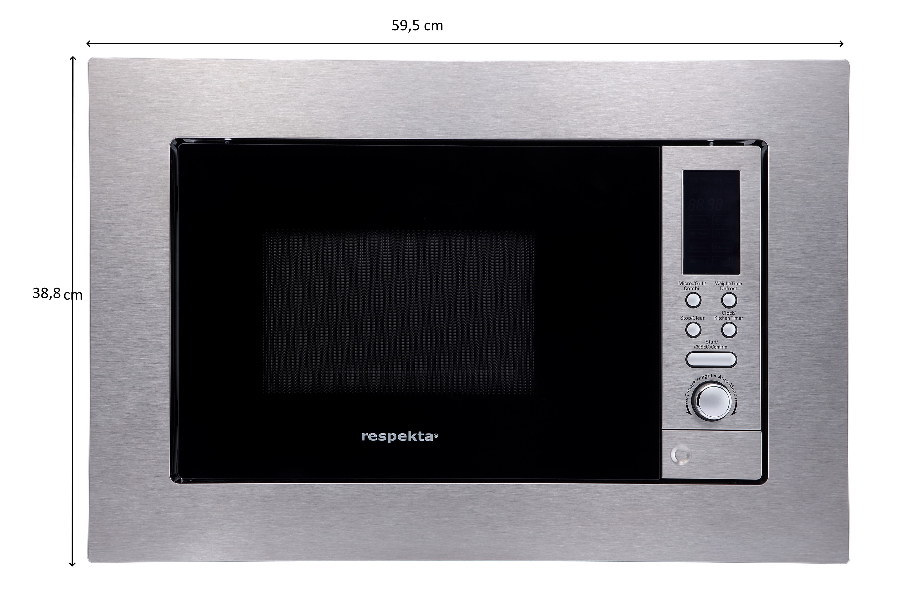 Microwave oven built into a stainless steel frame, with dimensions and control panel shown.