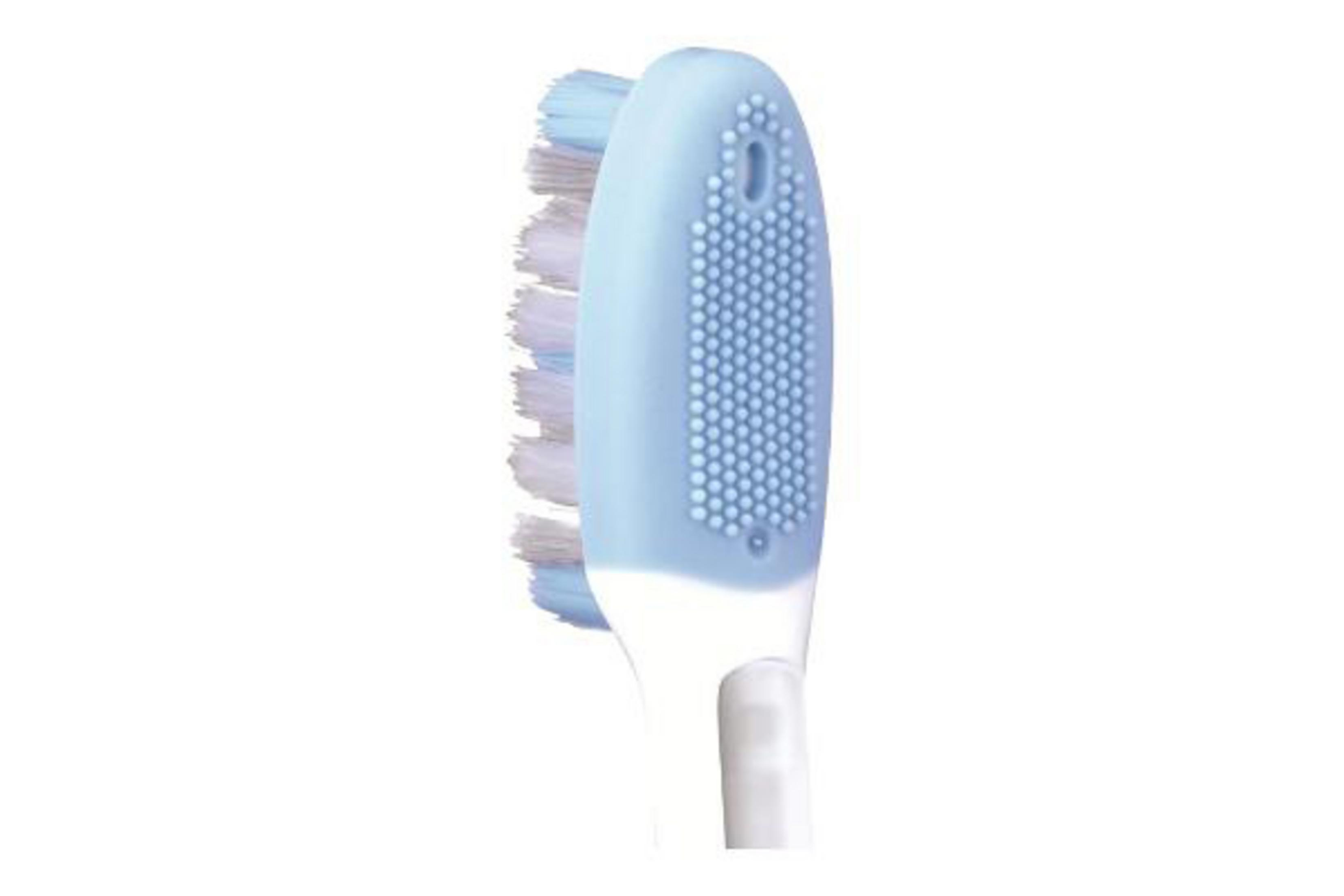 Close-up of a light blue toothbrush head with white and light blue bristles on a white background.