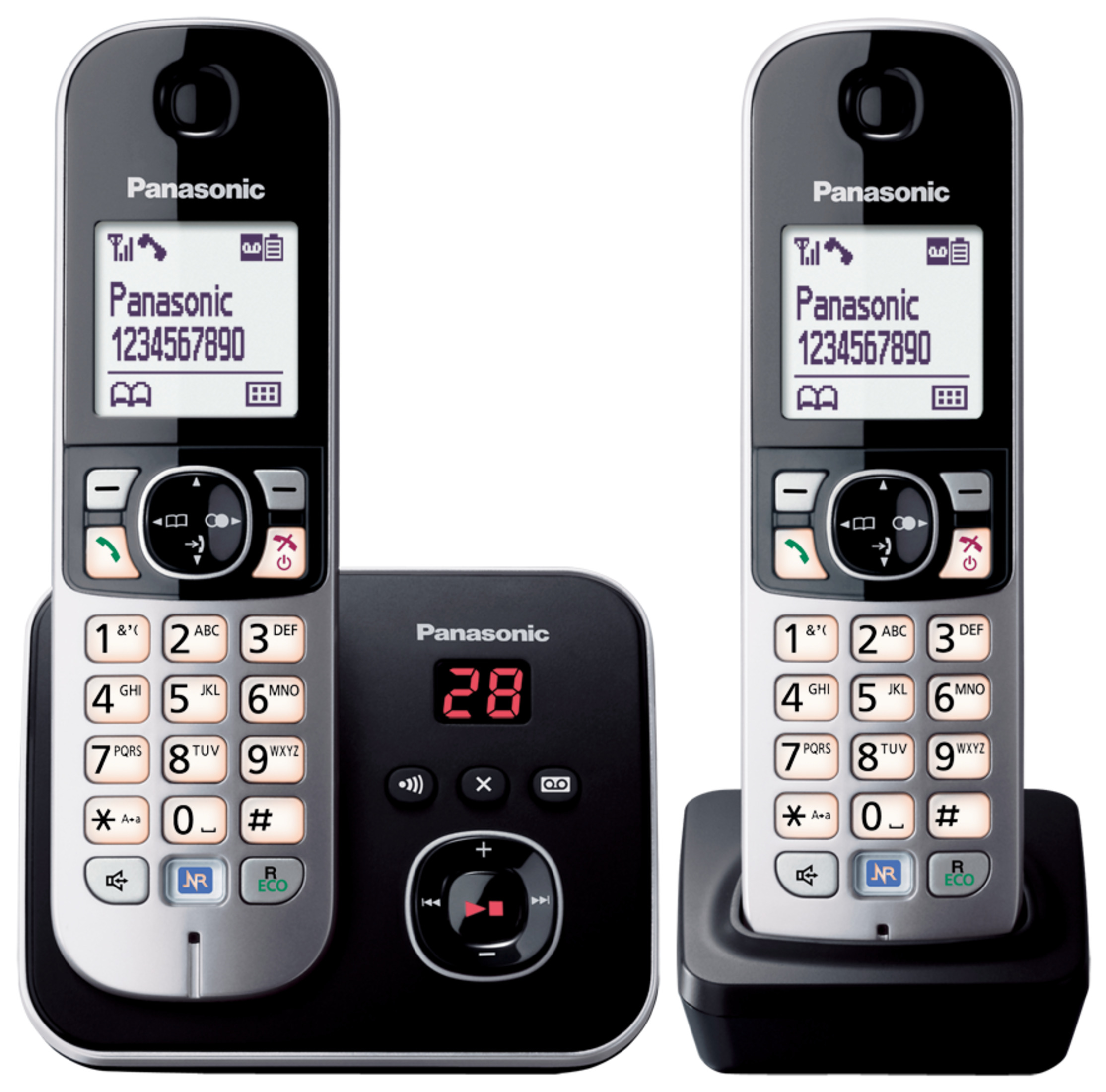 Zwei schnurlose Telefone mit einer Basisstation. Die Telefone sind schwarz.