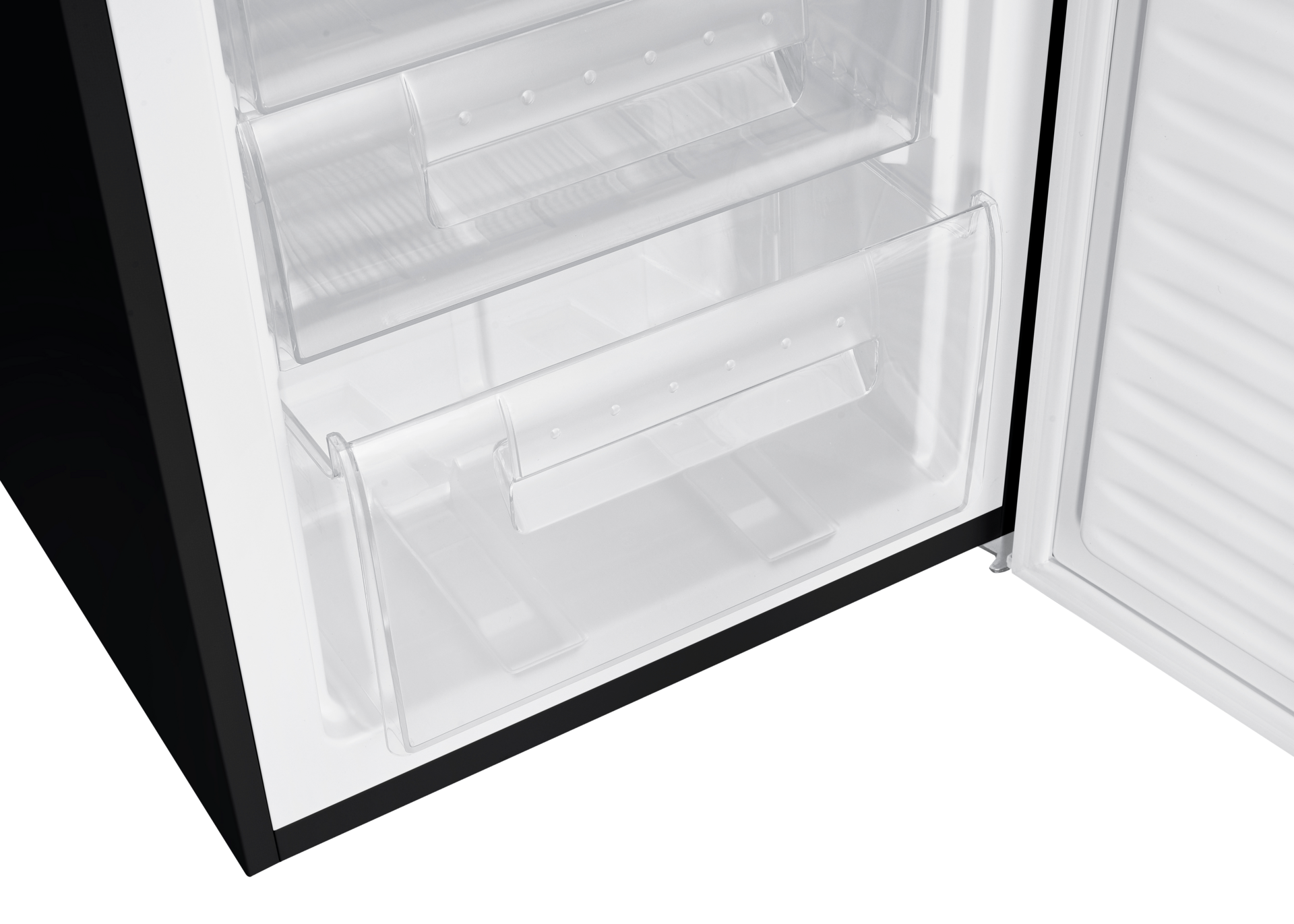 Open refrigerator with transparent drawers and white interior walls, black frame visible.