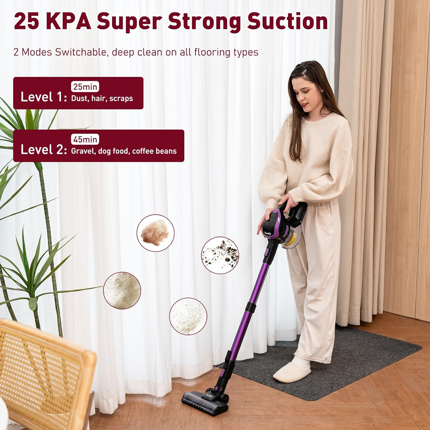 Frau saugt Boden mit violettem Staubsauger. Text: 25 KPA Saugkraft. Zwei Modi, für Staub, Haare und Schmutz.