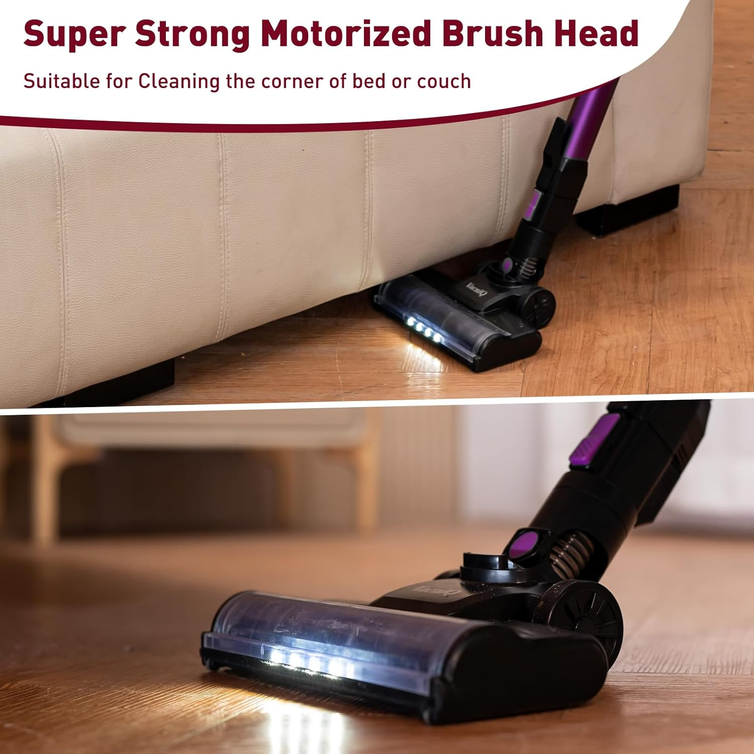 Ein Staubsauger reinigt unter einem Sofa. Der Text oben lautet 'Super Strong Motorized Brush Head'.