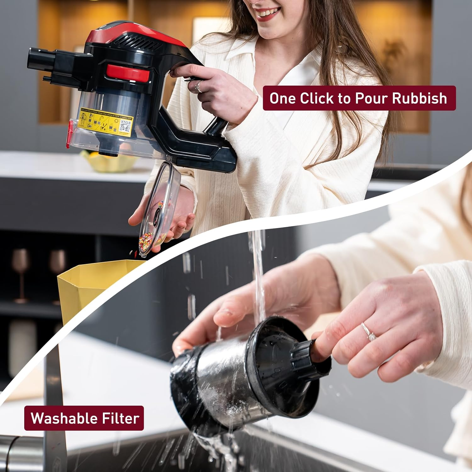Eine Frau leert Müll aus einem rot-schwarzen Staubsauger. Ein waschbarer Filter wird ebenfalls angezeigt.