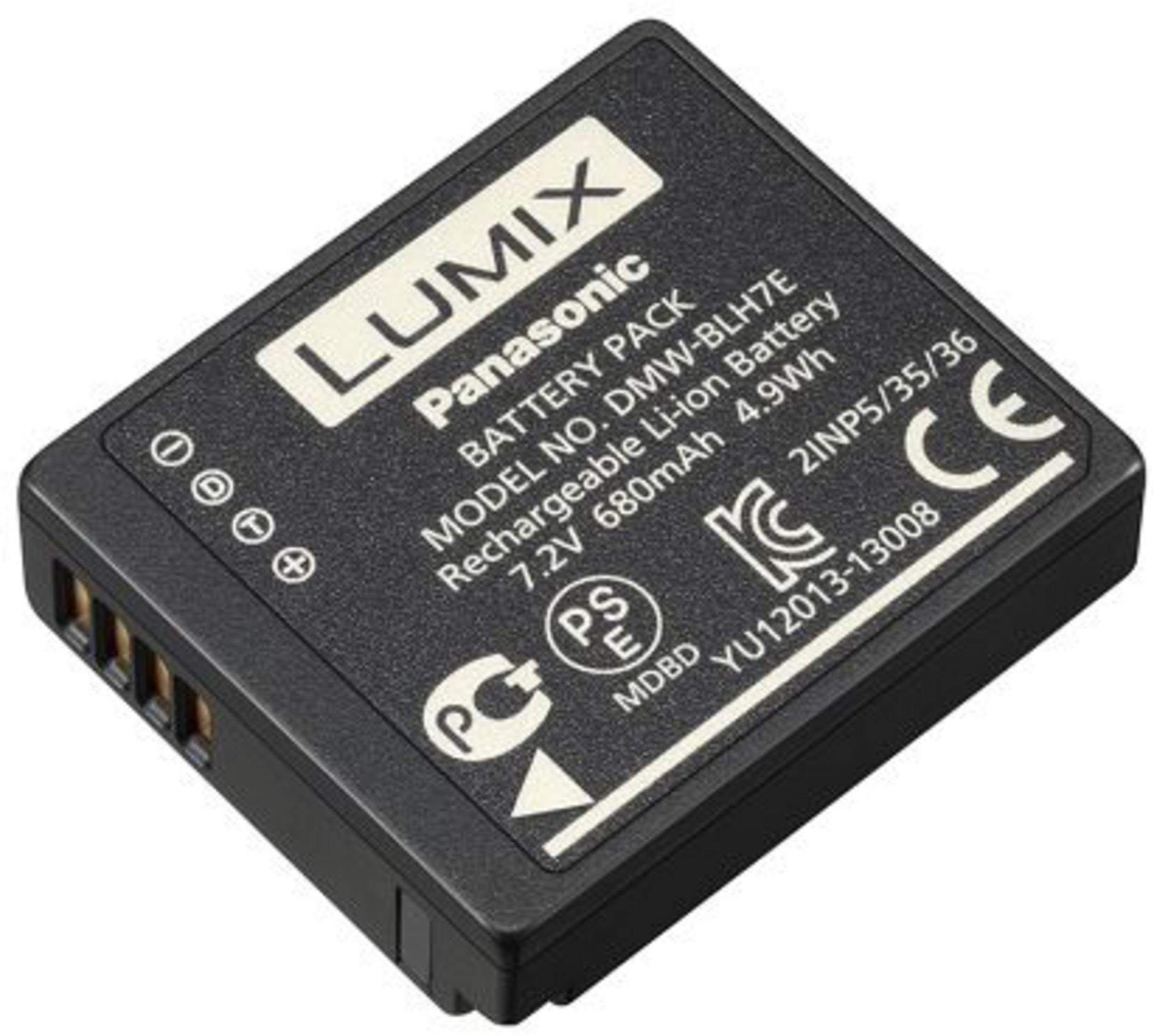 Batterie de caméra Panasonic Lumix noire avec étiquettes et fond blanc.