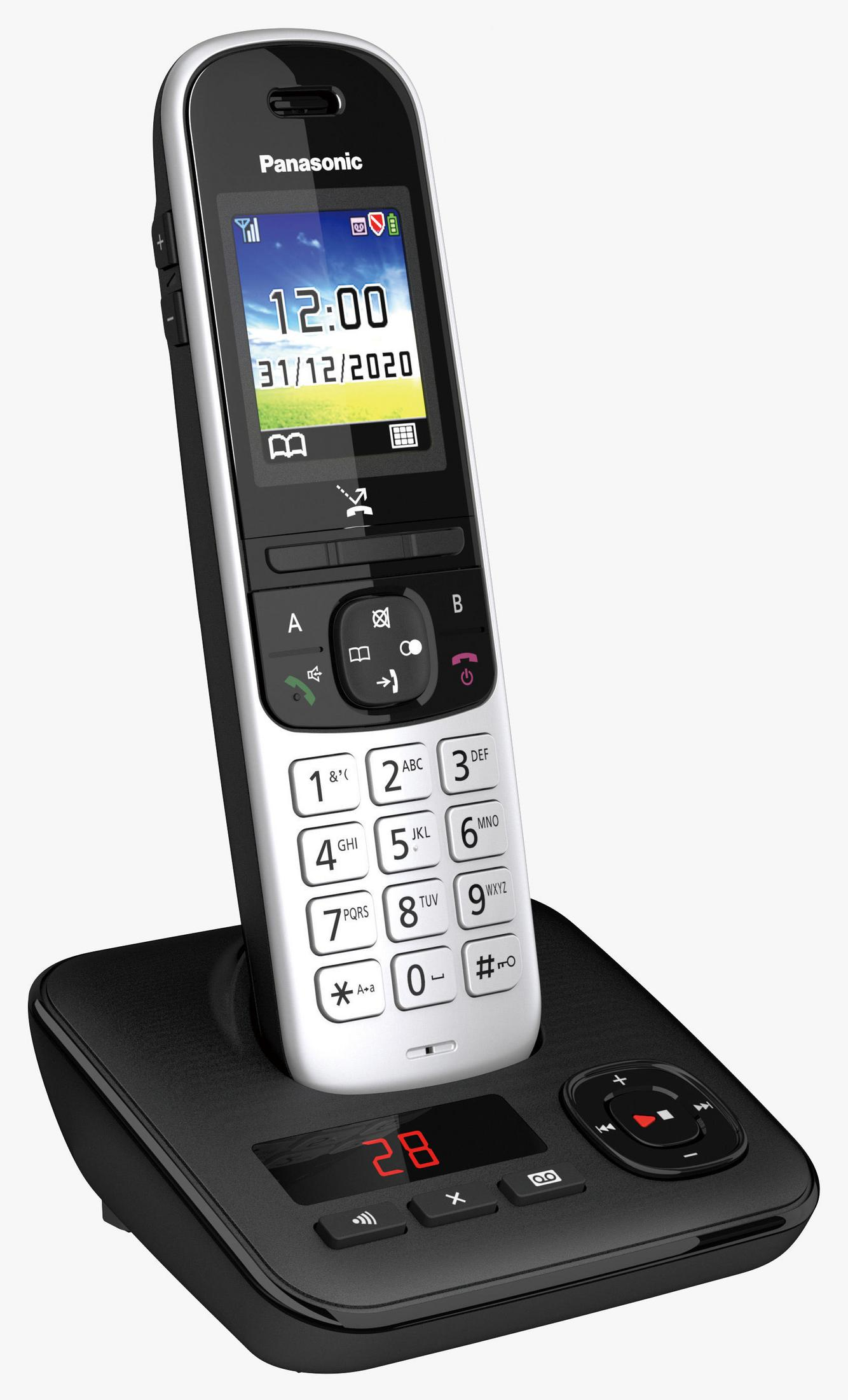 Telefono cordless Panasonic in bianco e nero con uno schermo che mostra la data e l'ora.