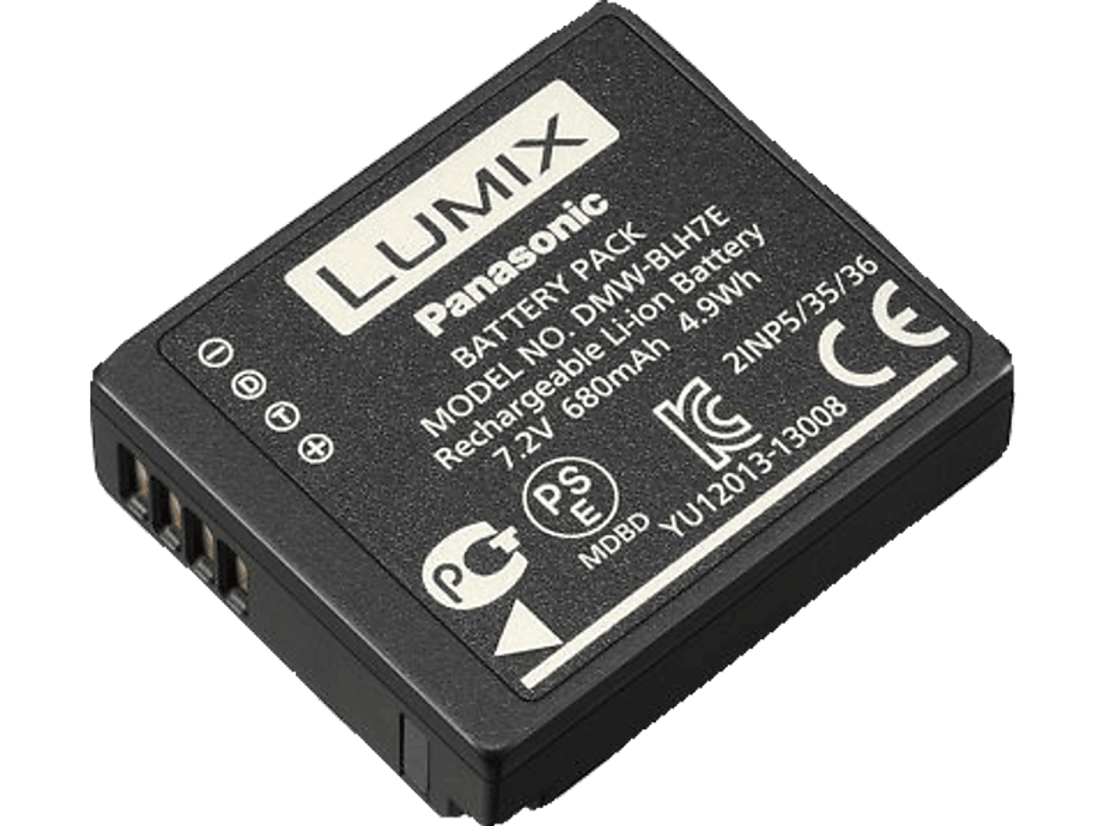 Une batterie Panasonic Lumix noire avec du texte blanc sur fond sombre.