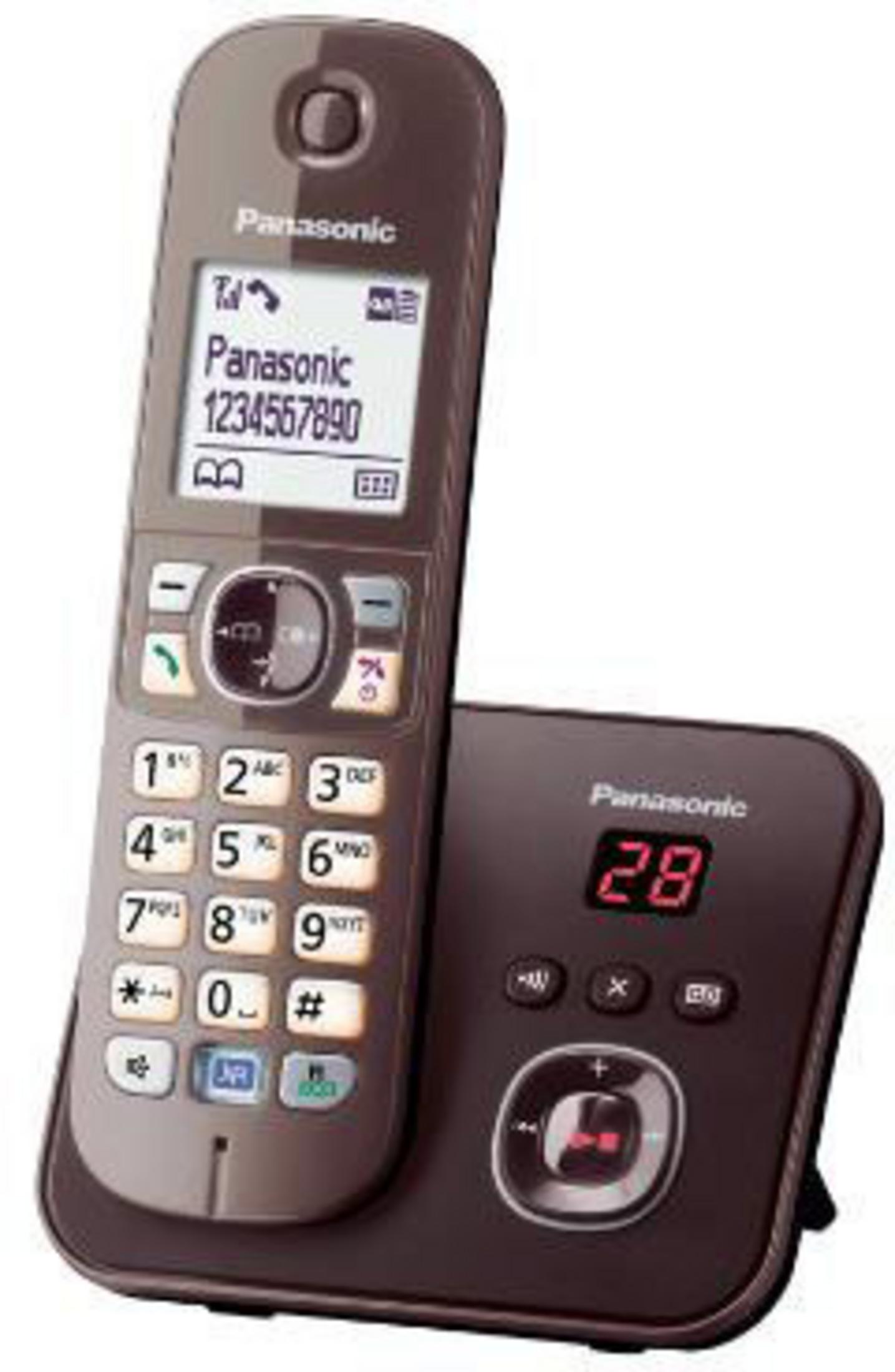 Telefon bezprzewodowy Panasonic na bazie. Telefon pokazuje numer na ekranie.