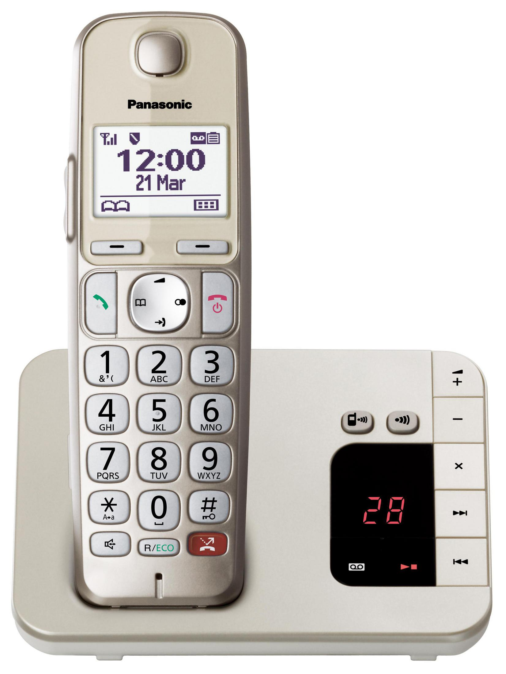 Telefono cordless con stazione base, beige e nero, sfondo bianco.
