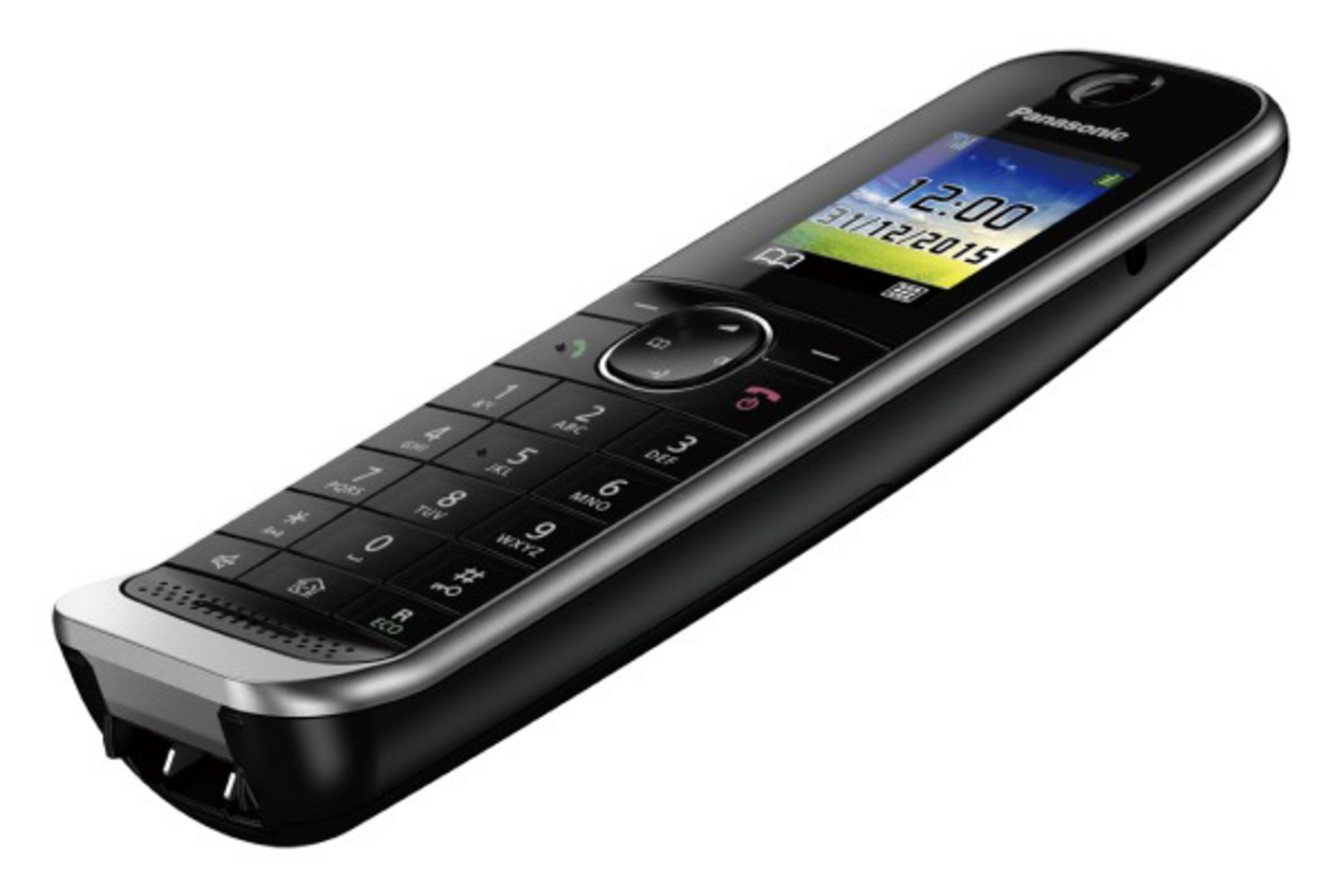 Un telefono cordless Panasonic nero su sfondo bianco.