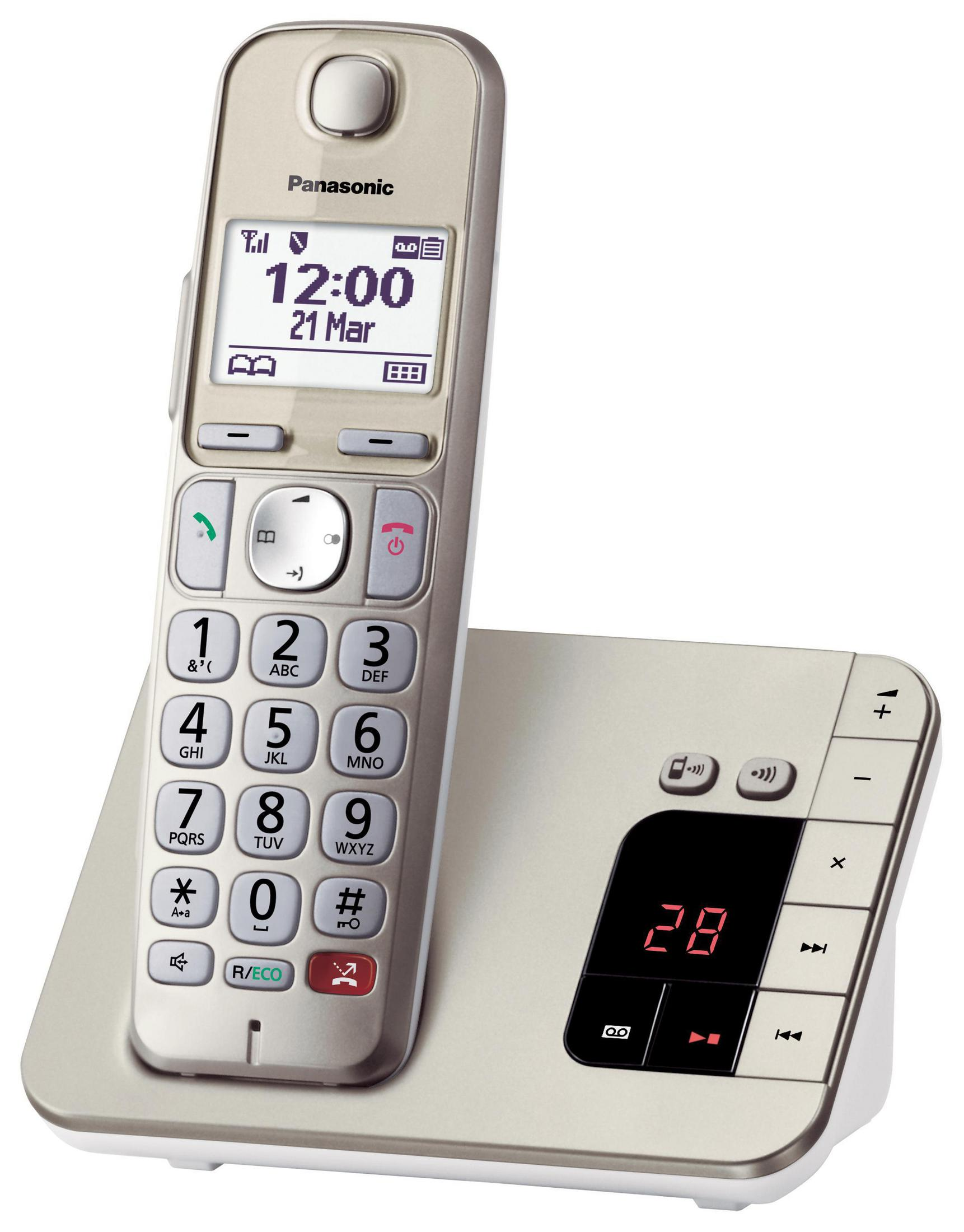Telefono cordless Panasonic argentato con display e tastiera sulla base.