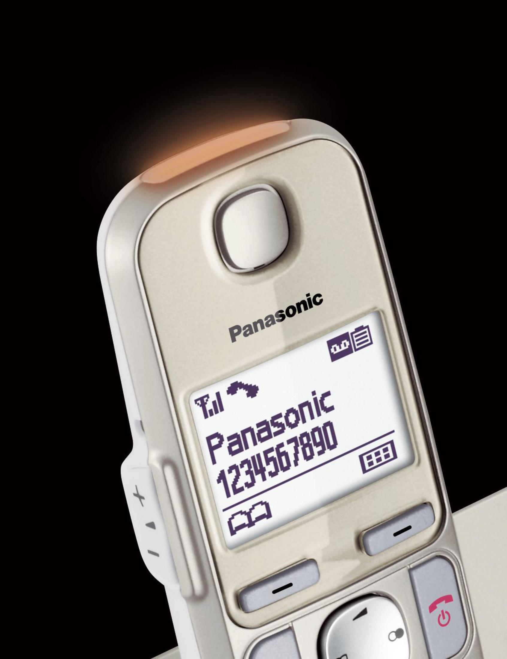 Telefono cordless Panasonic argentato con schermo illuminato che mostra un numero di telefono.
