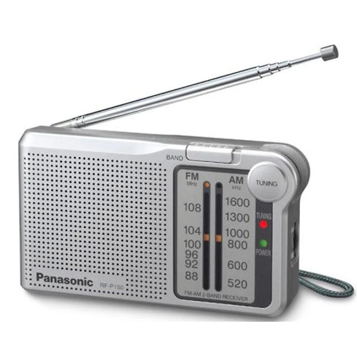 Srebrne radio Panasonic z anteną, przyciskami i pokrętłem.