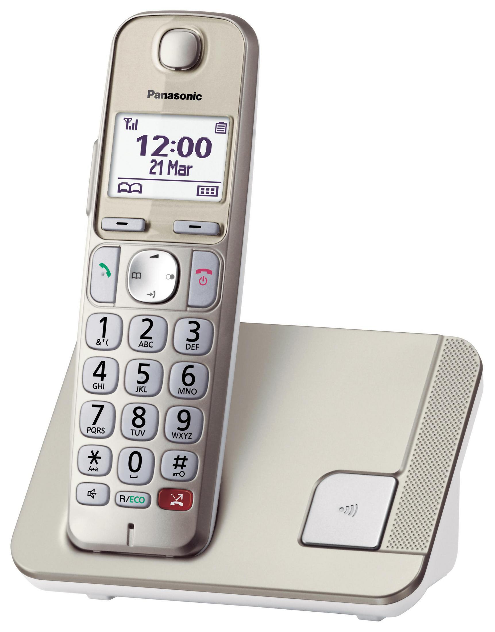 Silbernes Festnetztelefon mit Digitalanzeige für Uhrzeit und Datum, auf silberner Basis.