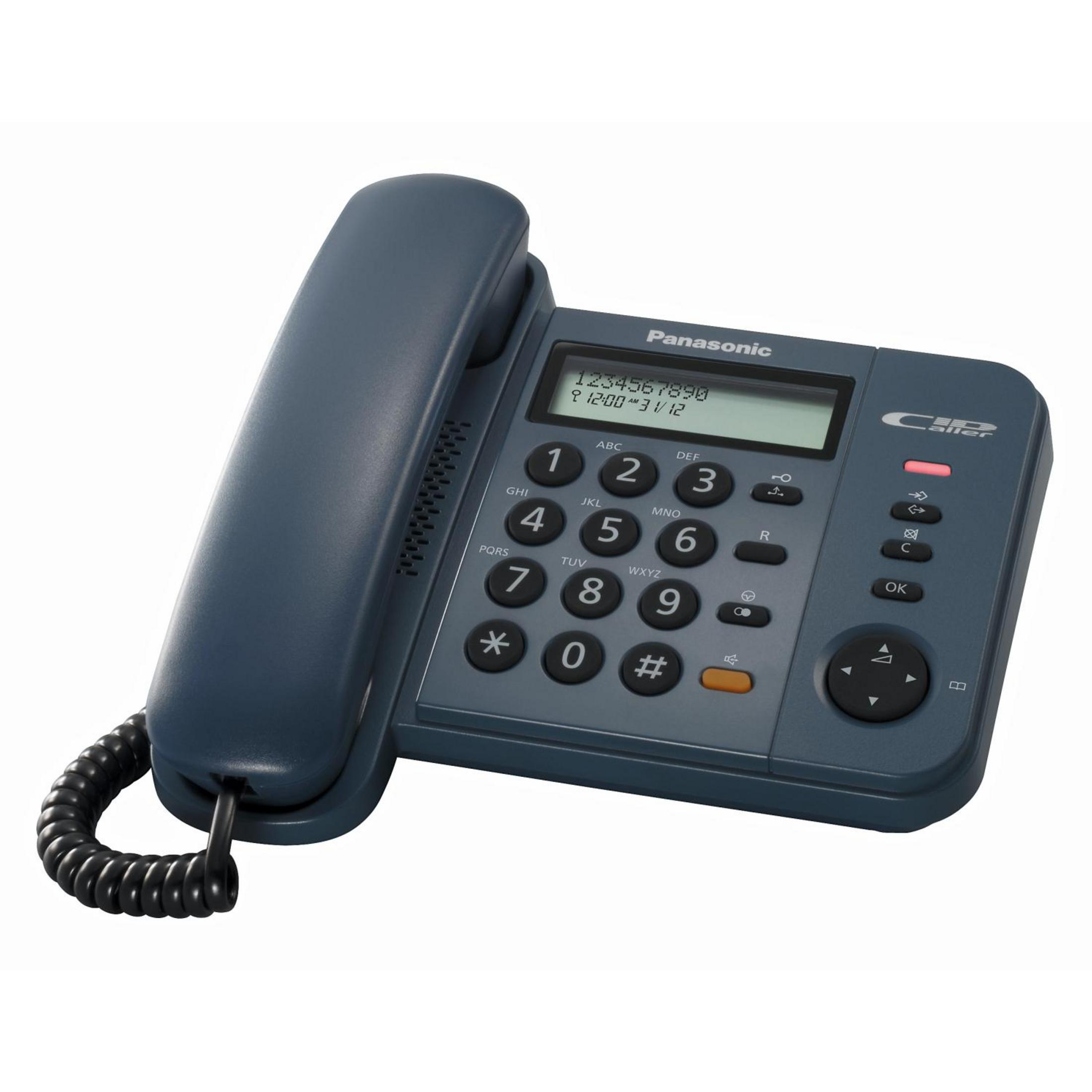 Telefono Panasonic blu scuro. Tasti numerici, schermo. Sfondo bianco.