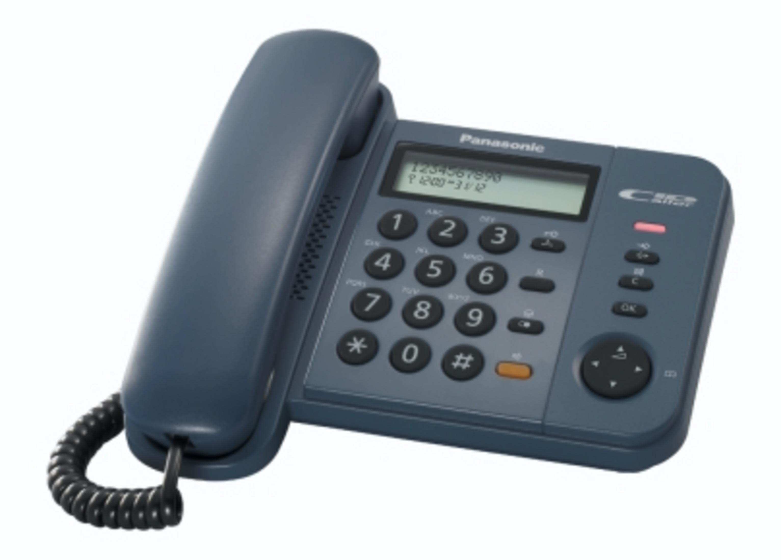 Un telefono blu con tastiera, schermo e cornetta. È isolato su sfondo bianco.
